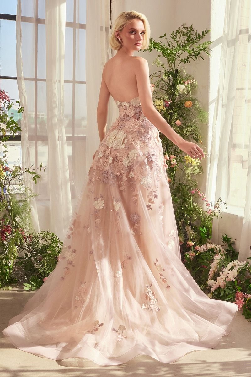 Strapless Floral Applique A-Line Gown by Andrea and Leo A1453 - Special Occasion