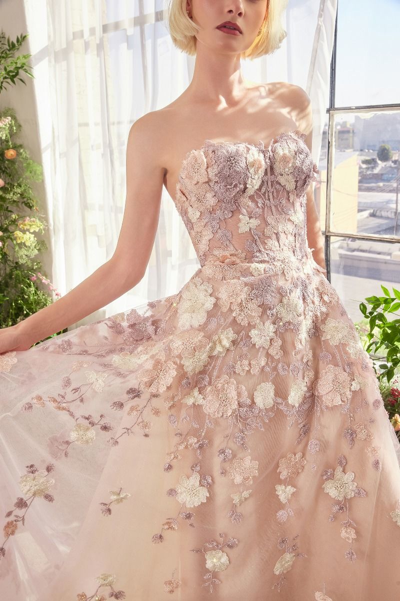 Strapless Floral Applique A-Line Gown by Andrea and Leo A1453 - Special Occasion