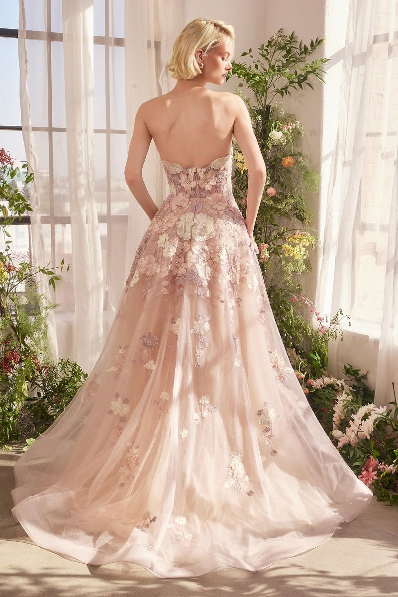 Strapless Floral Applique A-Line Gown by Andrea and Leo A1453 - Special Occasion