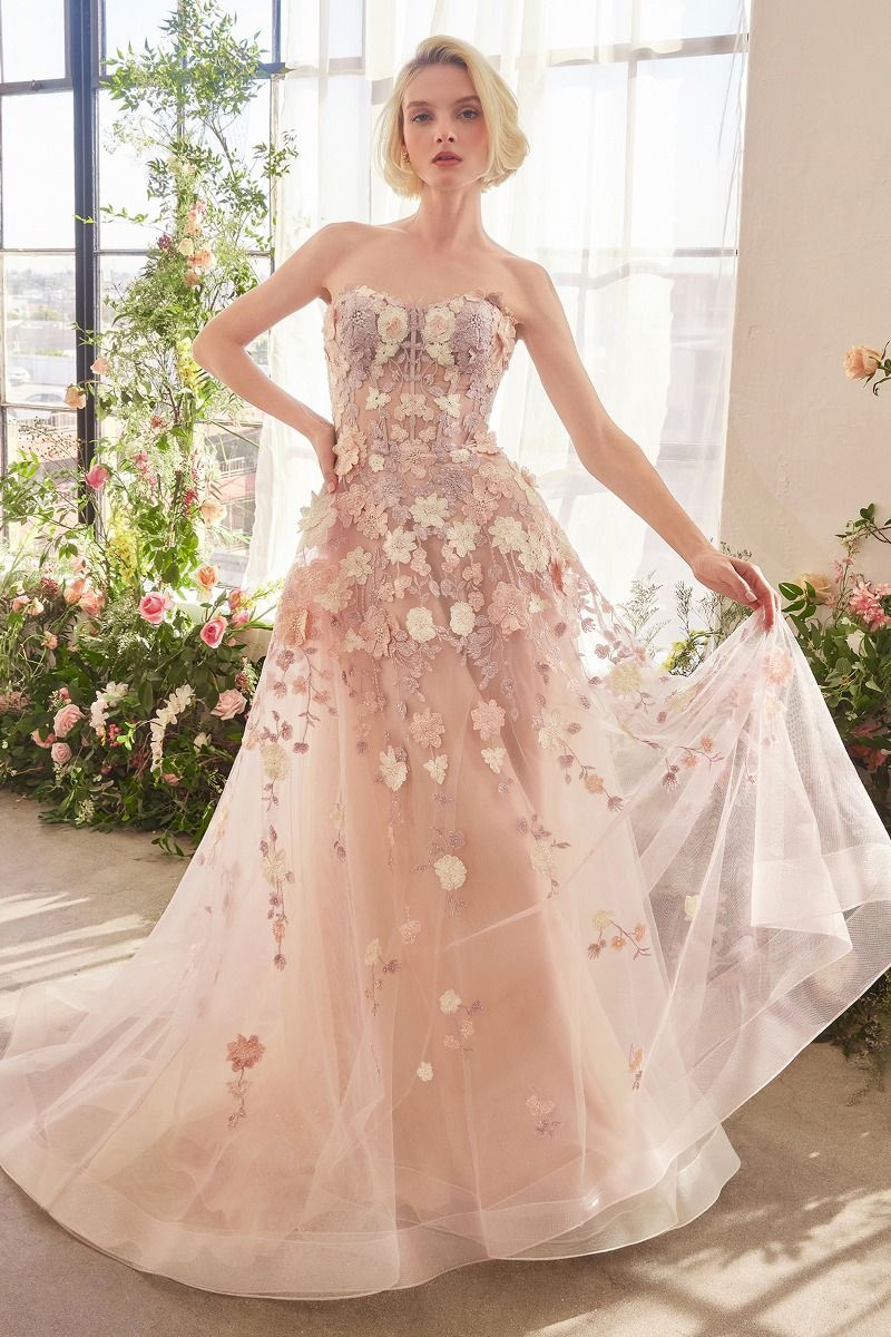 Strapless Floral Applique A-Line Gown by Andrea and Leo A1453 - Special Occasion