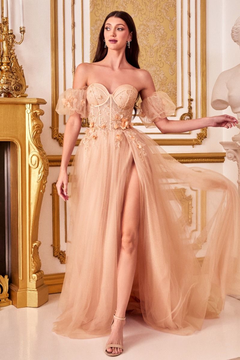 Off The Shoulder Strapless Floral Ballgown with Puff Sleeves by Cinderella Divine CB080 - Special Occasion