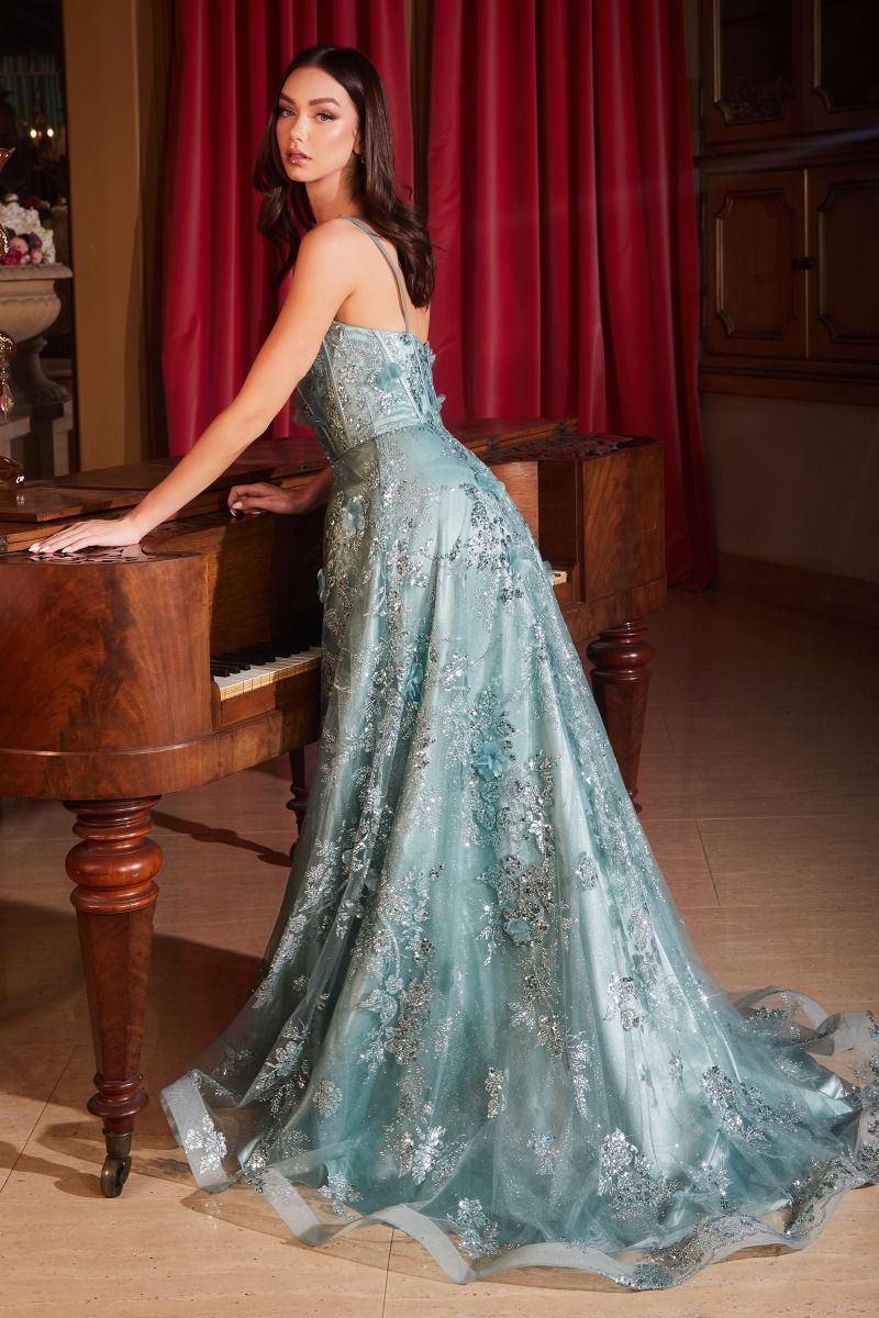 Sequin Floral Printed A-Line Gown by Cinderella Divine CB144 - Special Occasion