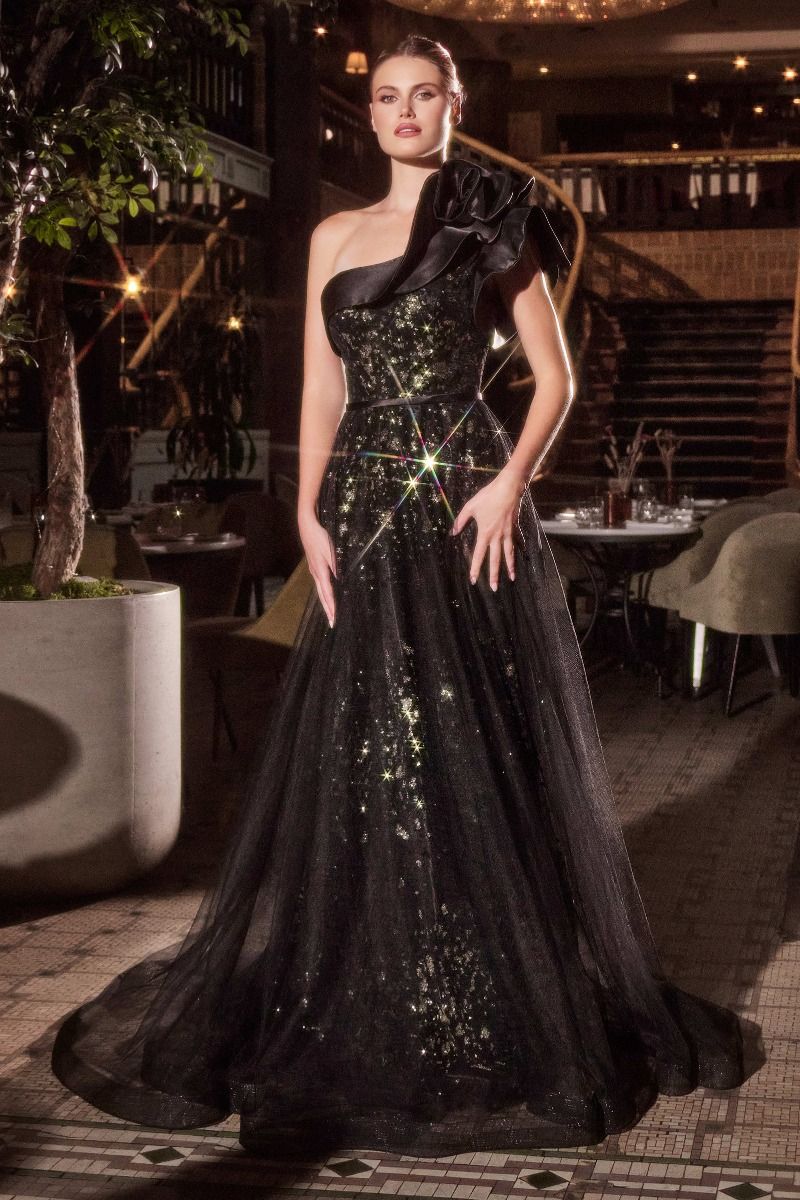 Ladivine CB157 - Long Tulle Ballgown Dress - One-Shoulder, Satin Rosette, Thin Waistband, Back Zipper Closure, Train 6 / Black Ladivine CB157 - Long Tulle Ballgown Dress - One-Shoulder, Satin Rosette, Thin Waistband, Back Zipper Closure, Train 6 / Black