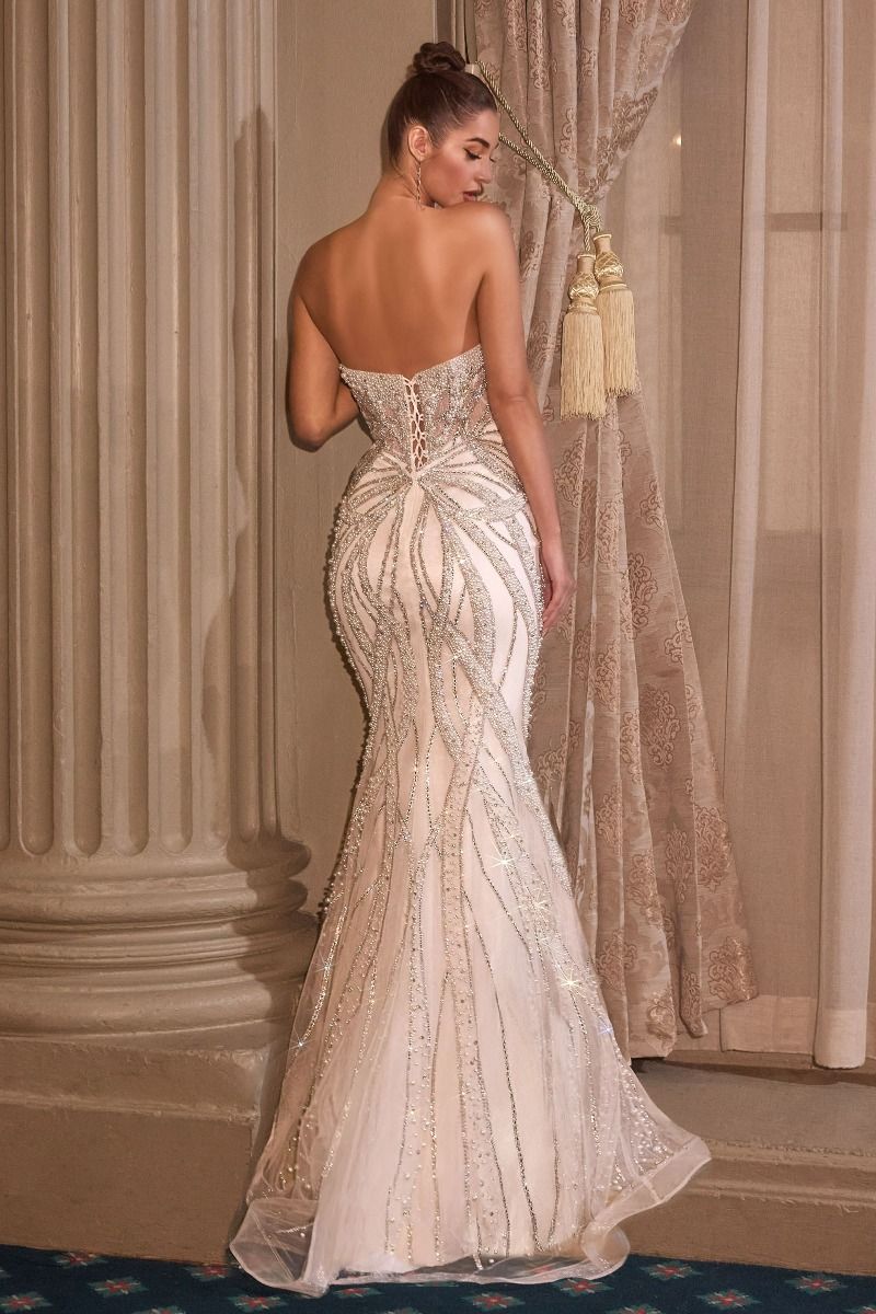 Crystal and Pearl Plunging Neckline Gown by Cinderella Divine CC0688W - Special Occasion