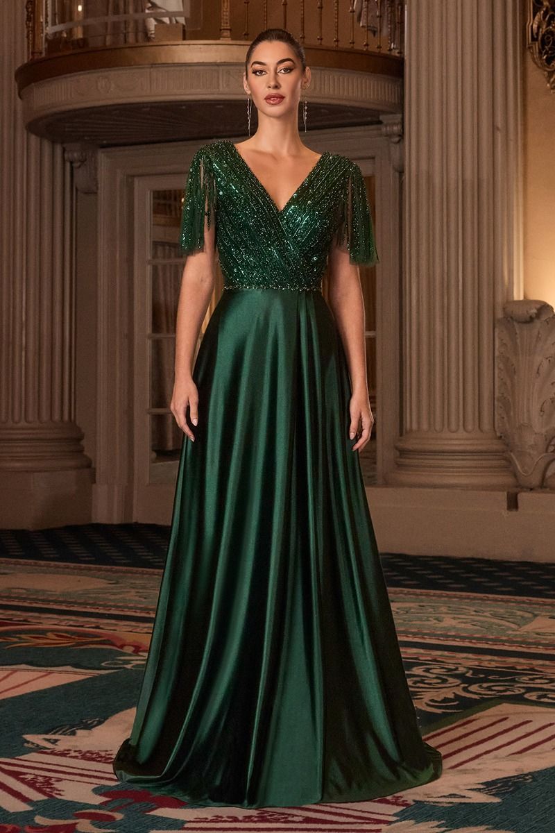 Satin V-Neckline A-Line Gown by Cinderella Divine CC447 - Special Occasion