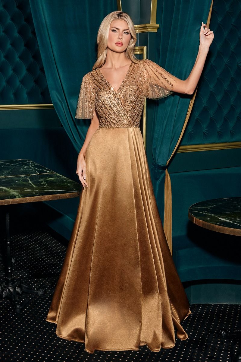Satin V-Neckline A-Line Gown by Cinderella Divine CC447 - Special Occasion