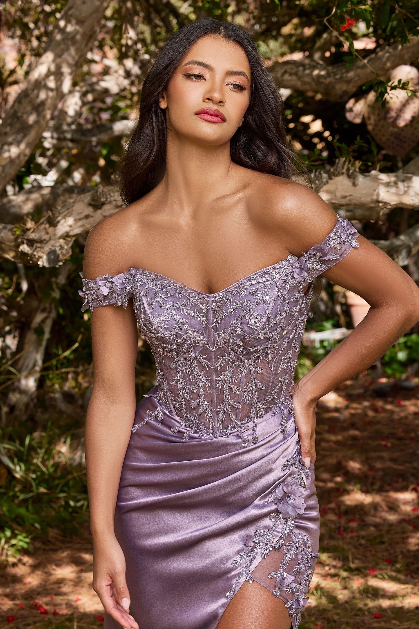 Off the Shoulder Floral Sheath Slit Women Gown by Cinderella Divine CD0186 - Special Occasion/Curves