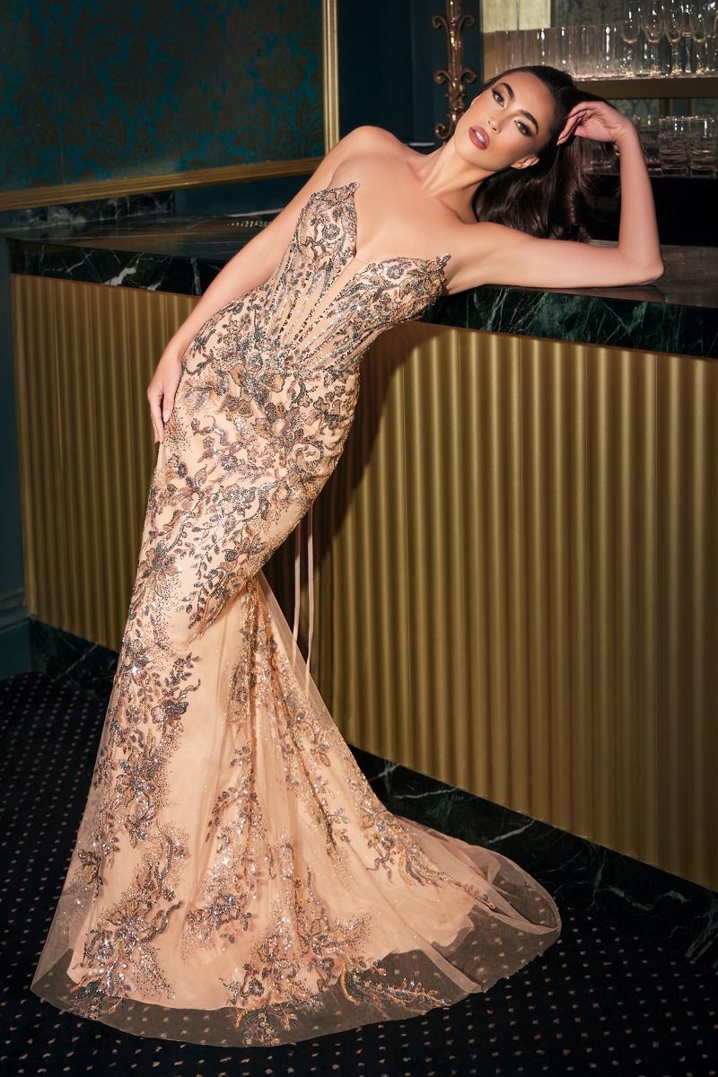Sequin Plunging Neckline Gown By Ladivine CD723 - Women Evening Formal Gown - Special Occasion