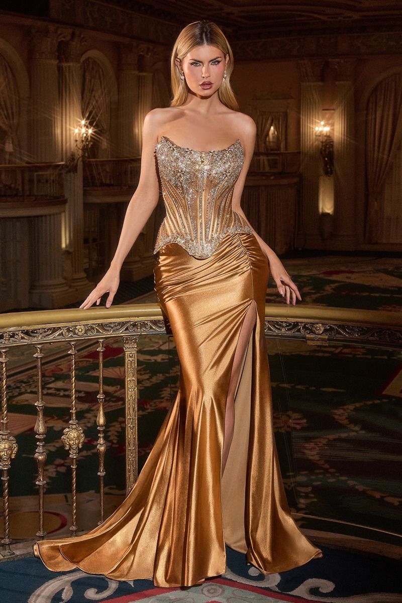 boned evening dresses Elegant Satin Sheath Prom Dresses with Slit Spaghetti Strap Sheer Boned Bodice Formal Dresses  25162 Red / US10