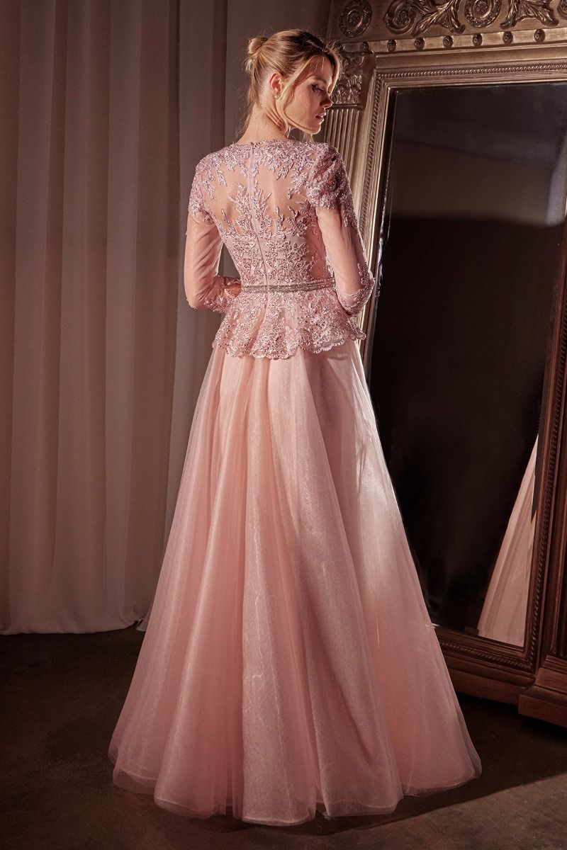 Three Quarter Sleeve Tulle A-Line Gown By Ladivine CD789 - Women Evening Formal Gown - Special Occasion