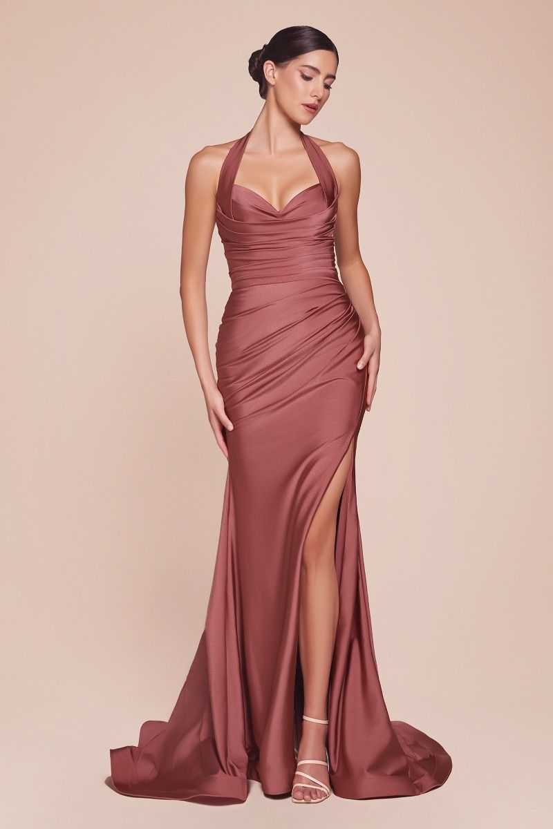 Satin Halter Neckline Leg Slit Gown by Cinderella Divine CD796 - Special Occasion (14-16 Size)