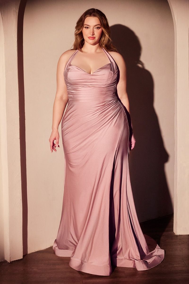 Satin Halter Neckline Leg Slit Gown by Cinderella Divine CD796C - Curves