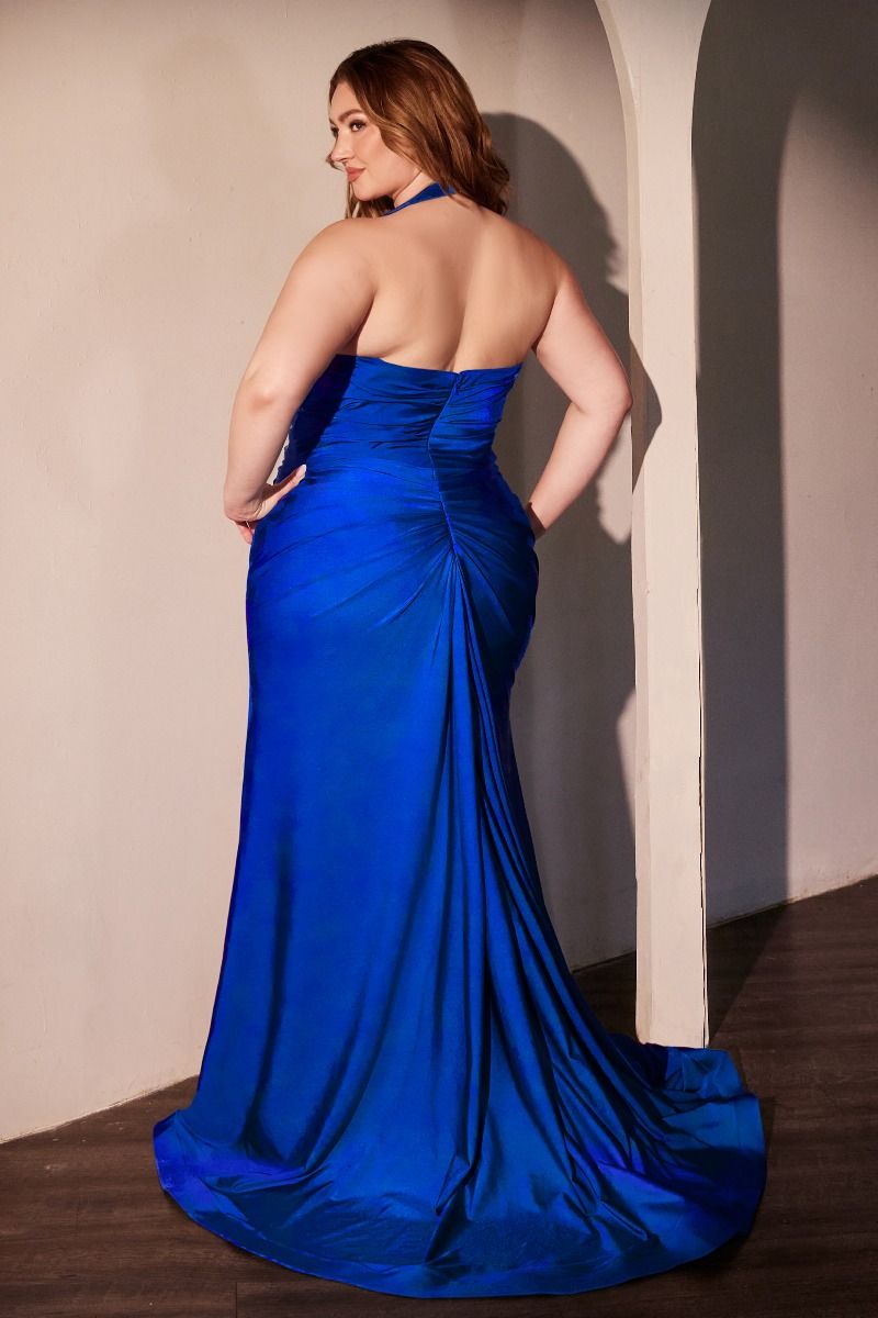 Satin Halter Neckline Leg Slit Gown by Cinderella Divine CD796C - Curves