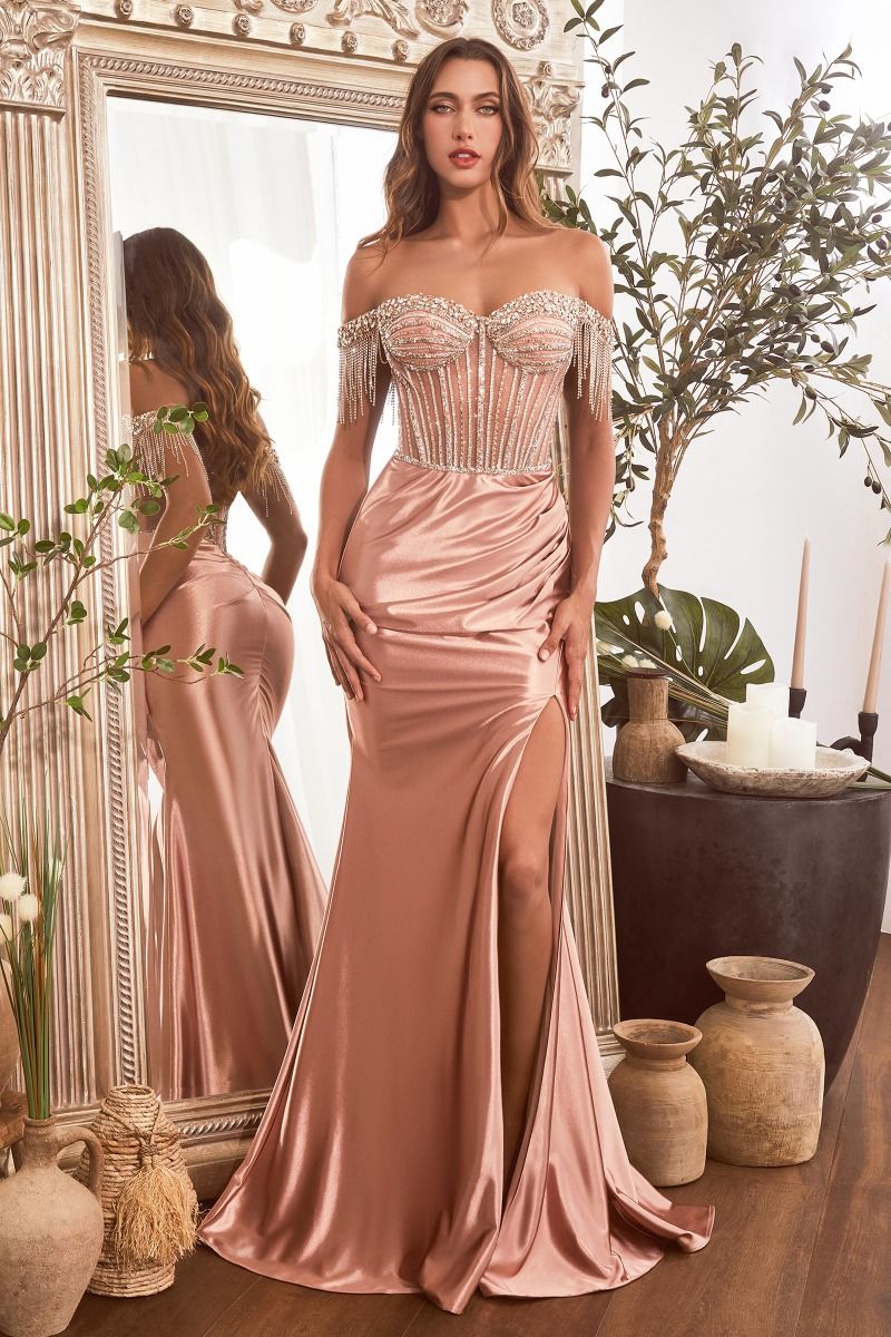 Embellished Off The Shoulder Satin Gown by Cinderella Divine CD821 - S Ariststyles Embellished Off The Shoulder Satin Gown by Cinderella Divine CD821 - S Ariststyles