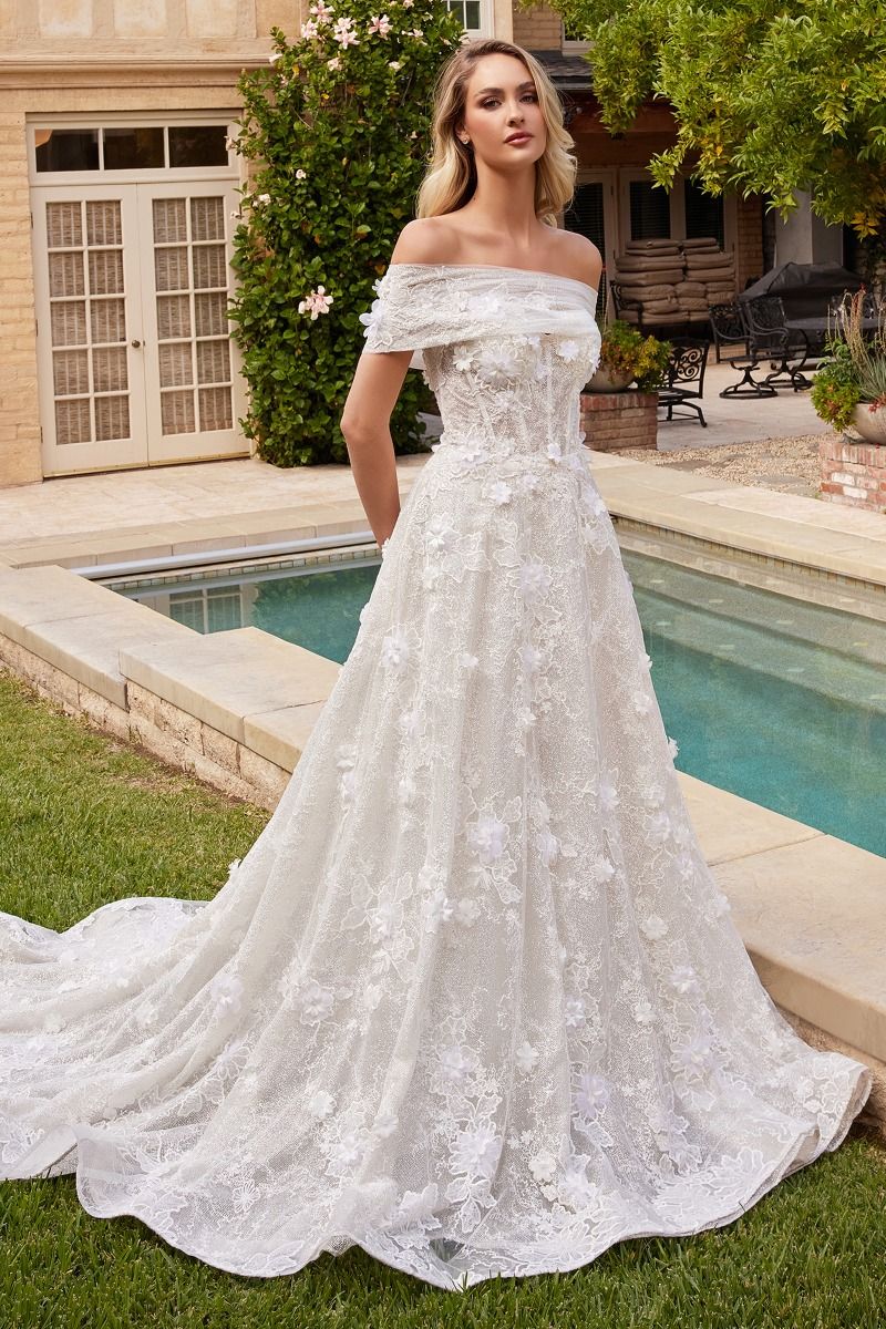 Ladivine CD860W - Floral Applique Embellished Strapless Bridal Dress 8 / Off White Ladivine CD860W - Floral Applique Embellished Strapless Bridal Dress 8 / Off White