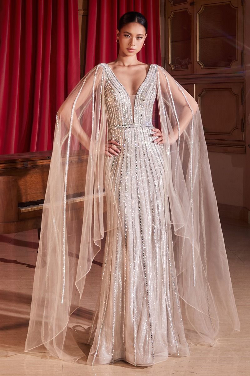 Embellished Long Cape Sleeve Gown By Ladivine CD865 - Women Evening Formal Gown - Special Occasion/Curves 12 / Platinum Embellished Long Cape Sleeve Gown By Ladivine CD865 - Women Evening Formal Gown - Special Occasion/Curves 12 / Platinum