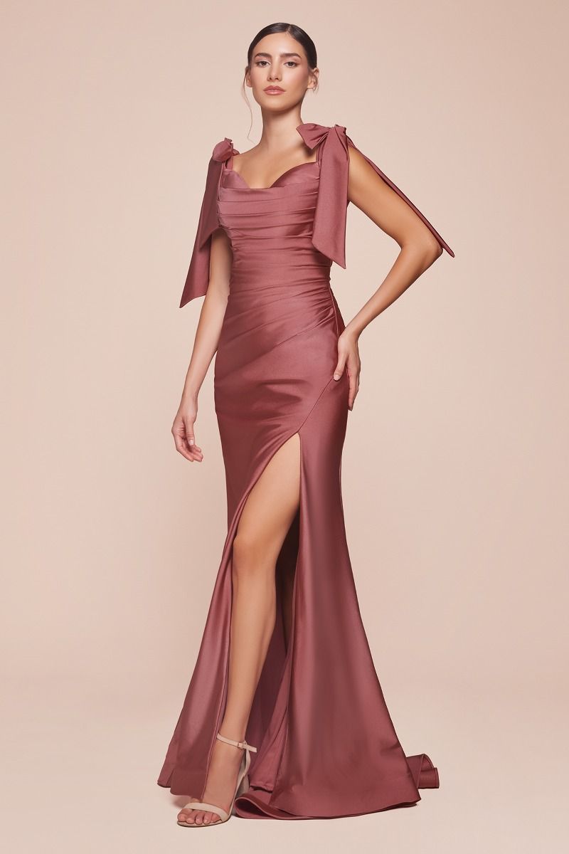 jersey dress fitted Long Fitted Stretch Jersey Formal Dress Off Shoulder Ties BY CINDERELLA DIVINE CD943 MAGENTA / 4
