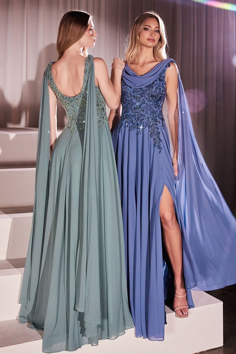 Chiffon Scoop Neckline A-Line Gown By Ladivine CDS509 - Women Evening Formal Gown - Special Occasion
