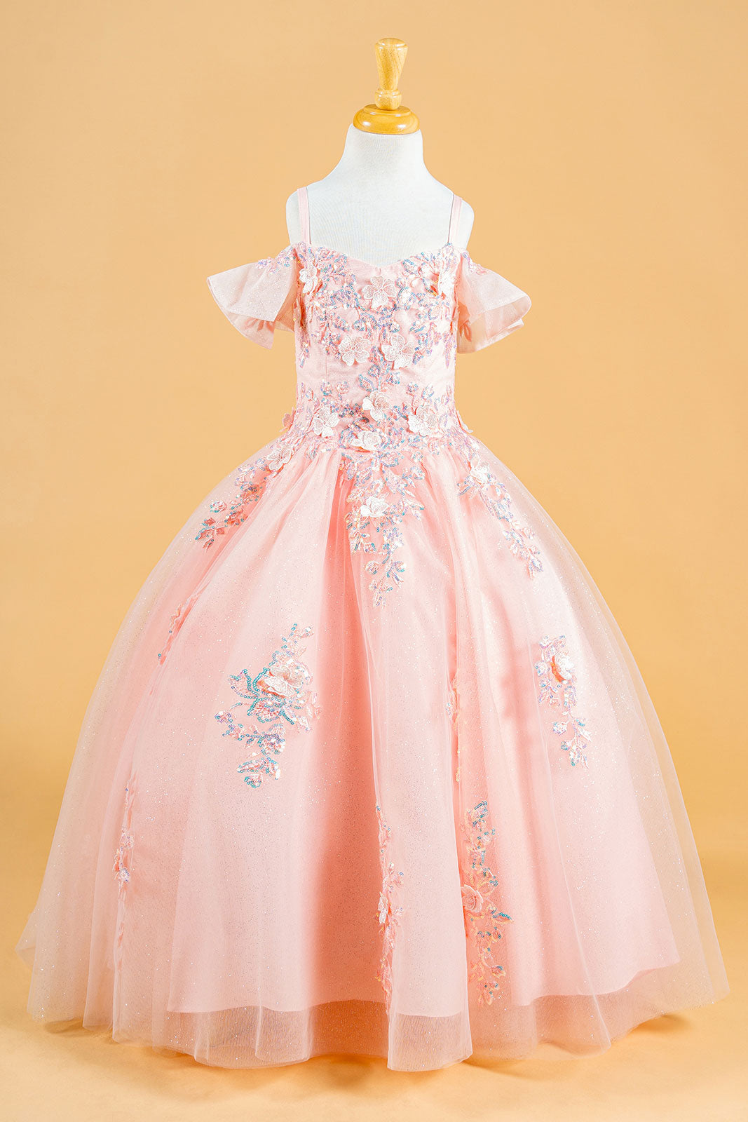 mini quince dress Girls 3D Floral Cold Shoulder Gown by Elizabeth K GK120 4 / Blush
