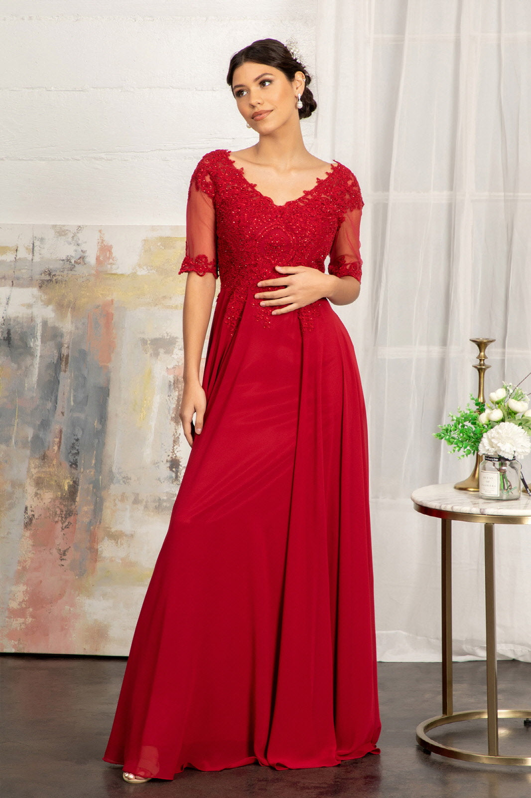 Elizabeth K - GL1982 - Embroidery Chiffon V-Neckline Dress