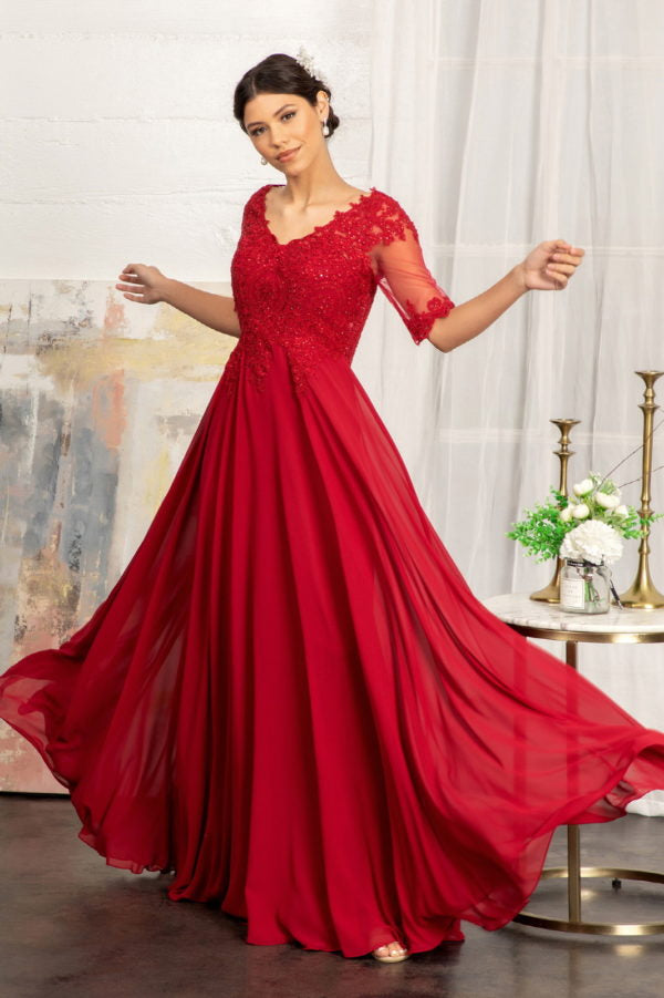 Elizabeth K - GL1982 - Embroidery Chiffon V-Neckline Dress