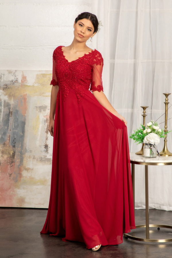 Elizabeth K - GL1982 - Embroidery Chiffon V-Neckline Dress