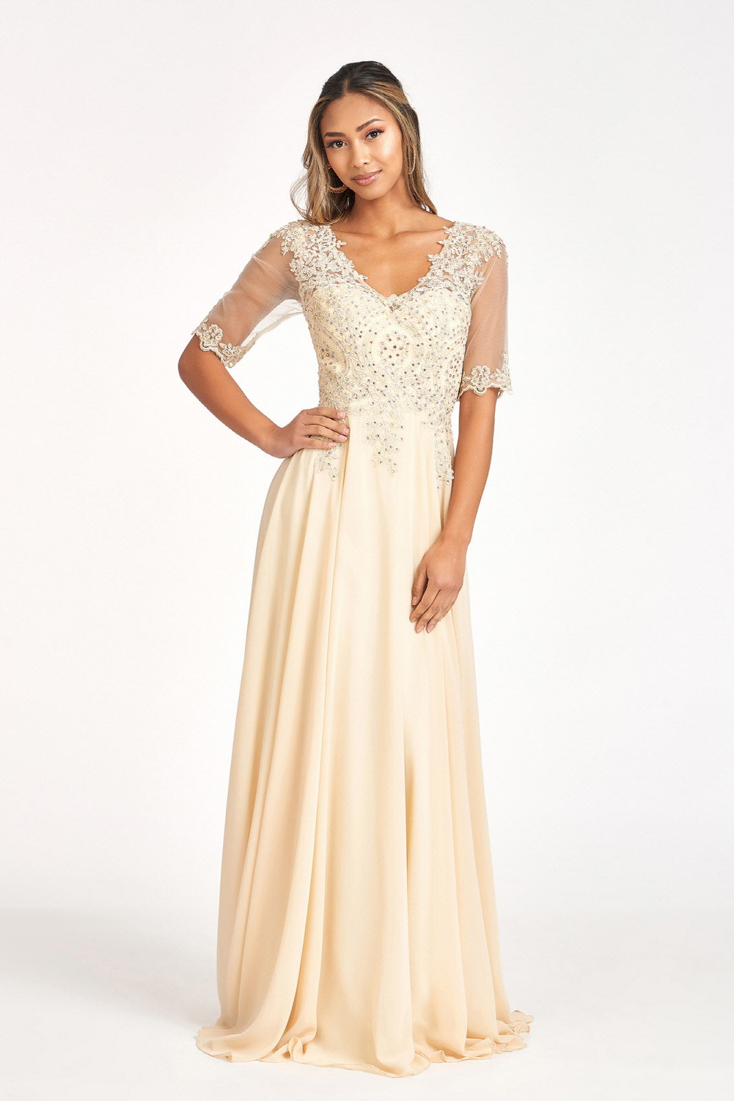 Elizabeth K - GL1982 - Embroidery Chiffon V-Neckline Dress
