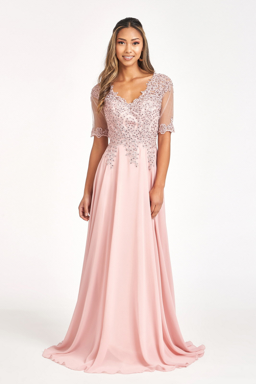 Elizabeth K - GL1982 - Embroidery Chiffon V-Neckline Dress