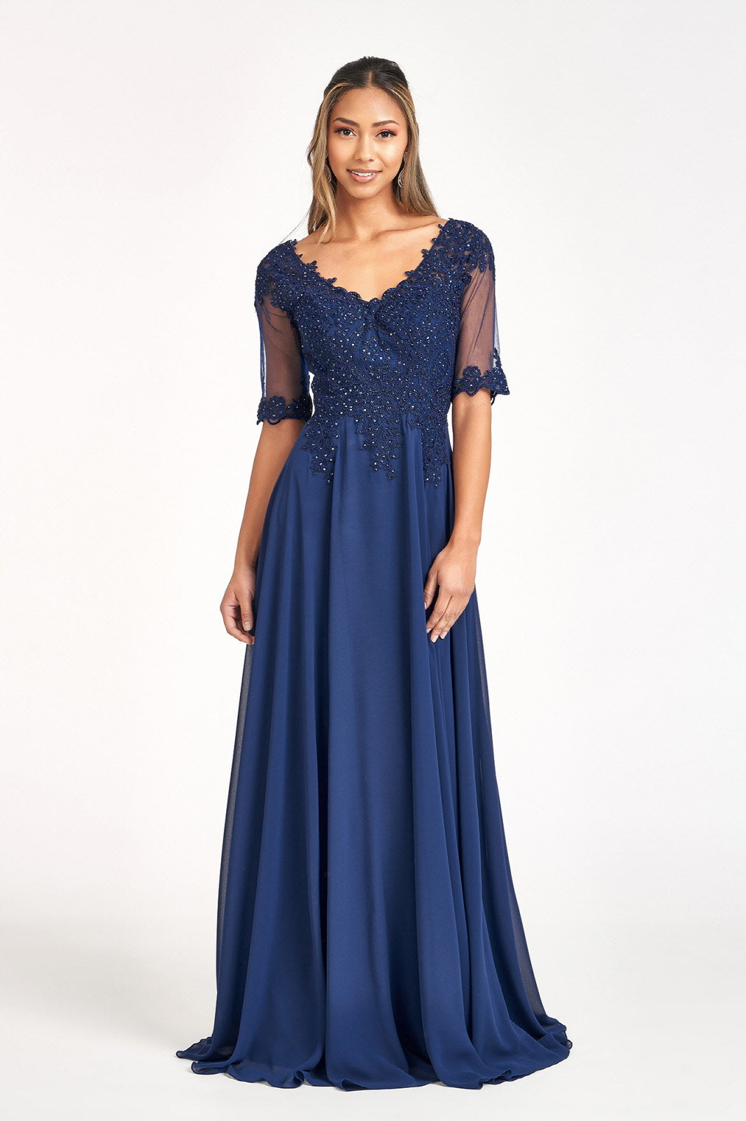 Elizabeth K - GL1982 - Embroidery Chiffon V-Neckline Dress