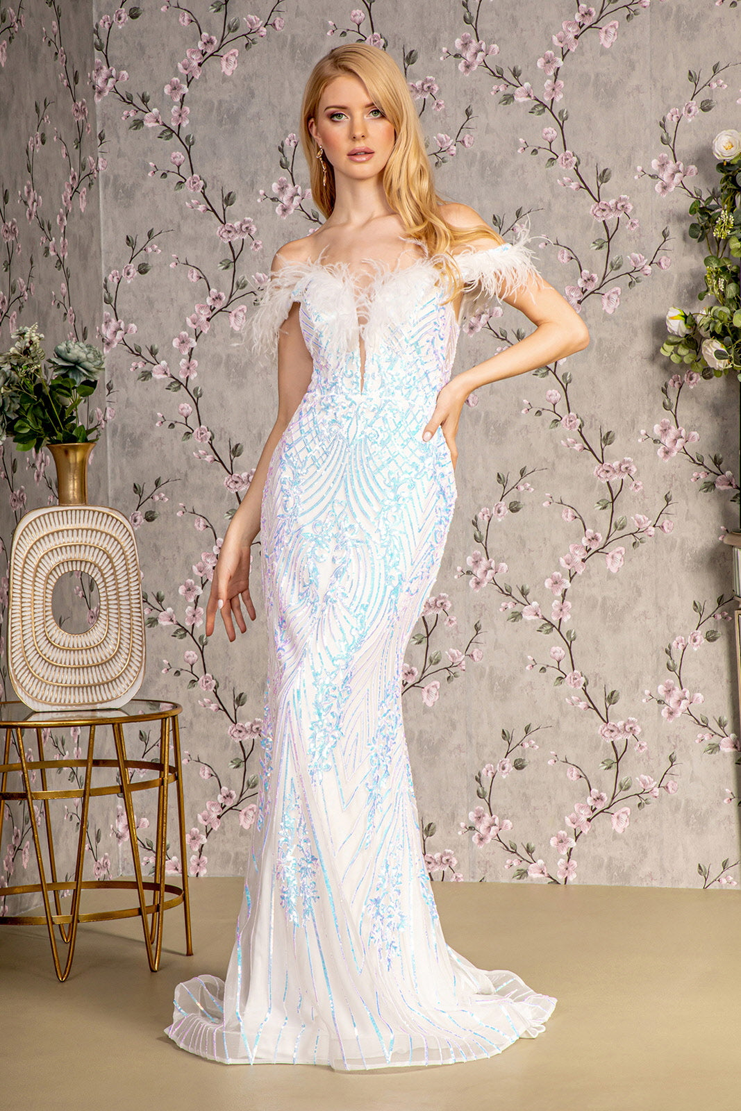 Fitted Sequin Off Shoulder Feather Gown by GLS Gloria GL3284 XS / Ivory Fitted Sequin Off Shoulder Feather Gown by GLS Gloria GL3284 XS / Ivory