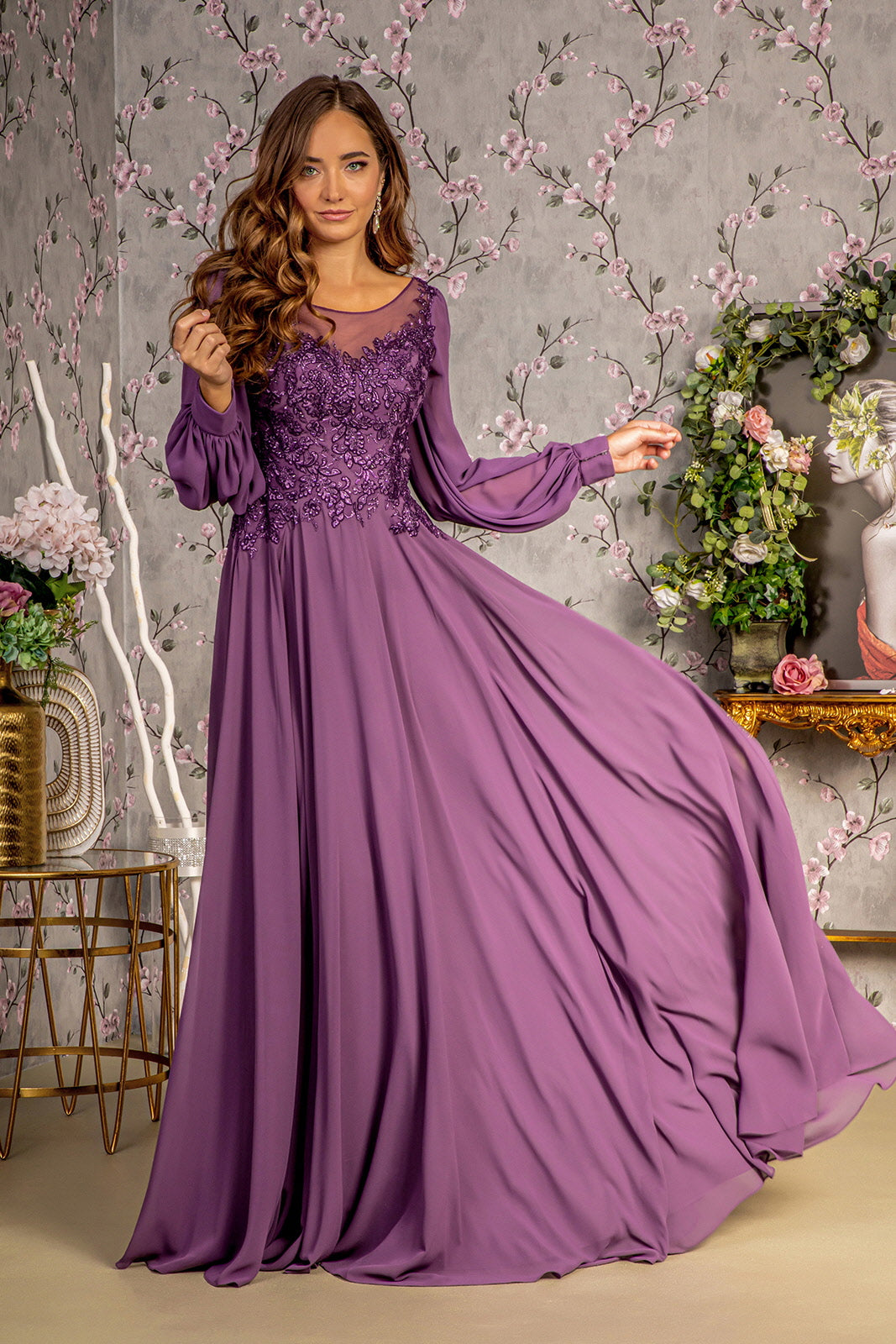 Embroidered Long Sleeve A-line Gown by GLS Gloria GL3363 Purple / L Embroidered Long Sleeve A-line Gown by GLS Gloria GL3363 Purple / L