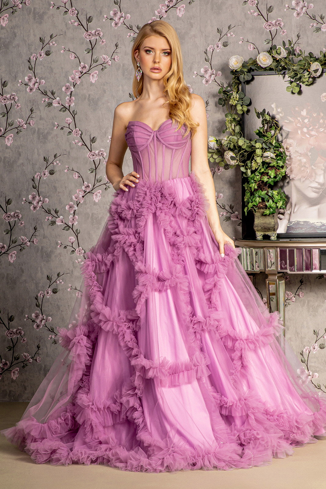 Strapless Sheer Corset Ruffled Gown by GLS Gloria GL3455 3XL / Light Purple Strapless Sheer Corset Ruffled Gown by GLS Gloria GL3455 3XL / Light Purple