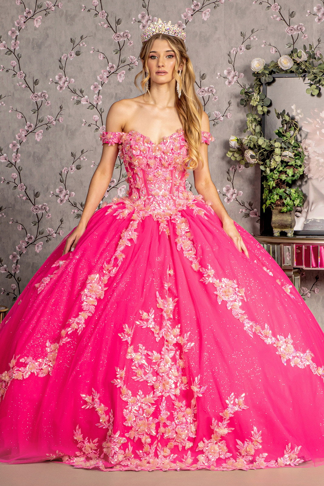 fuchsia taffeta floor dress quinceanera