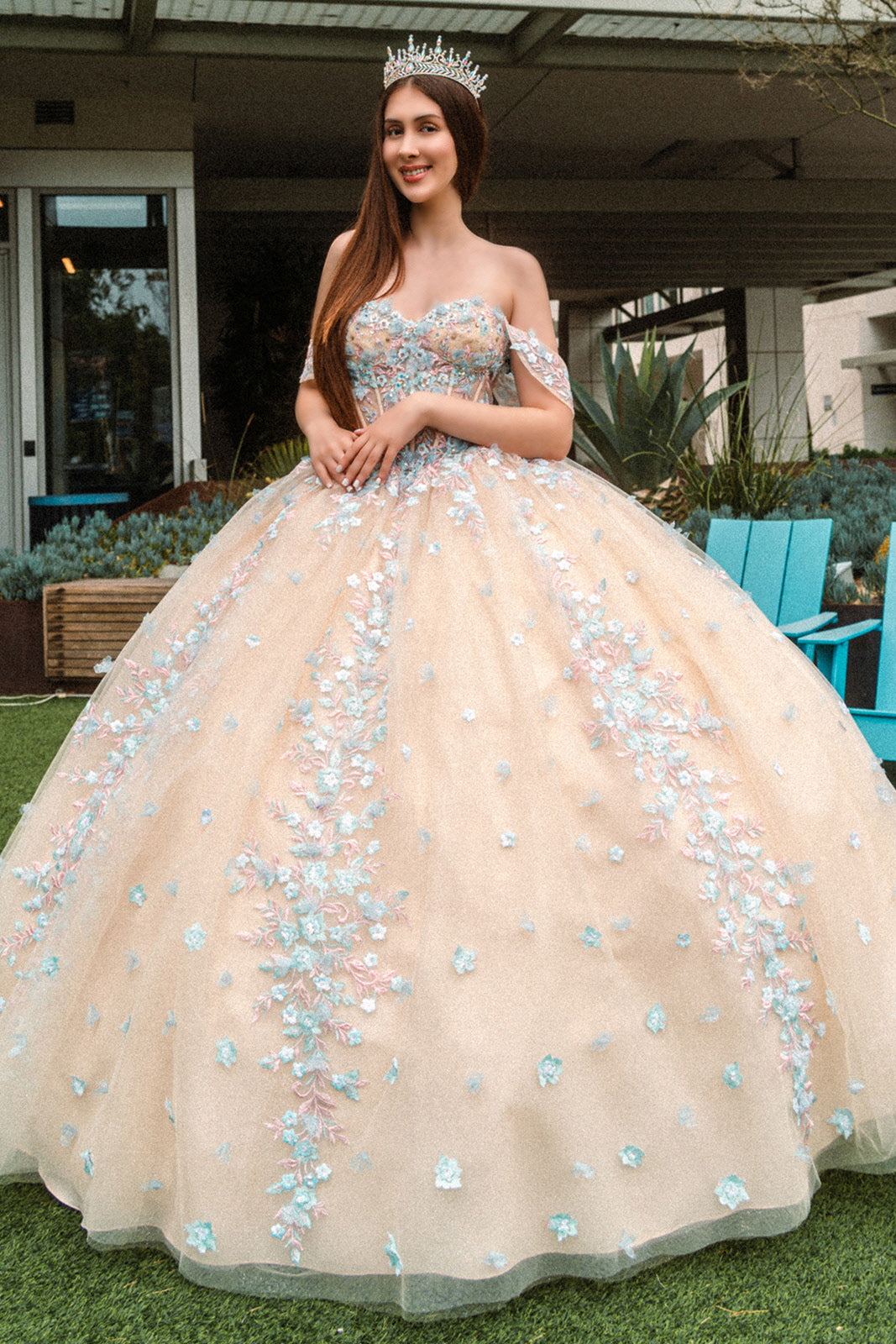 Embellished Glitter Sweetheart Neckline Quinceanera Dress by GLS by Gloria - GL3504 L / Champagne/Multi Embellished Glitter Sweetheart Neckline Quinceanera Dress by GLS by Gloria - GL3504 L / Champagne/Multi