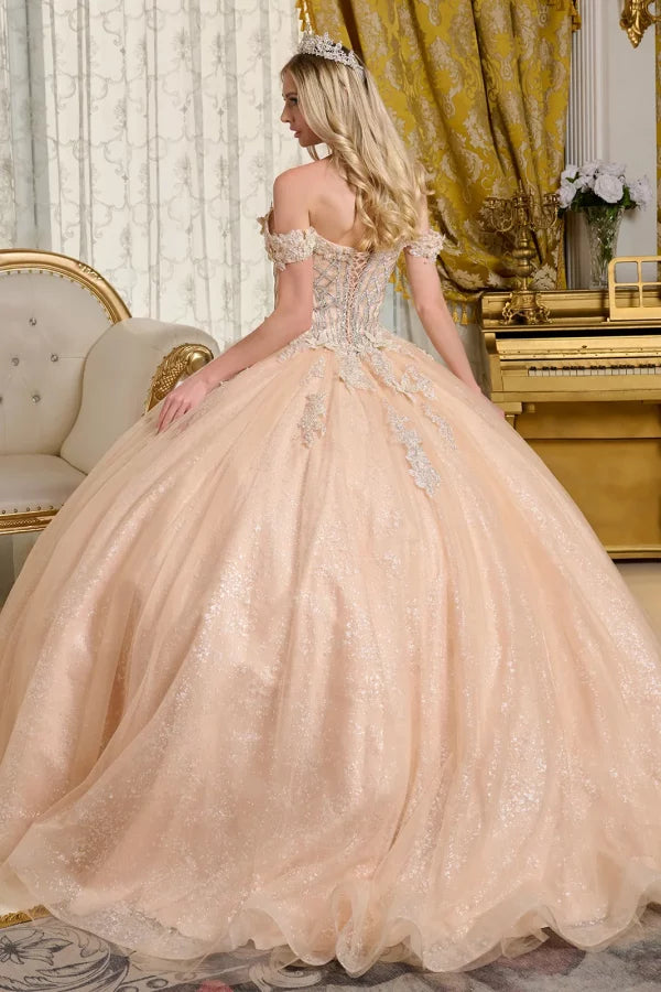 Glitter Netting V-Neckline Quinceanera Dress by Elizabeth K - GL3630