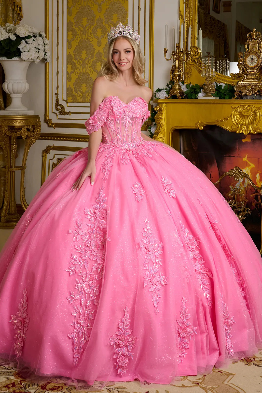 3D Floral Applique Off Shoulder Quinceanera Dress by Elizabeth K - GL3635