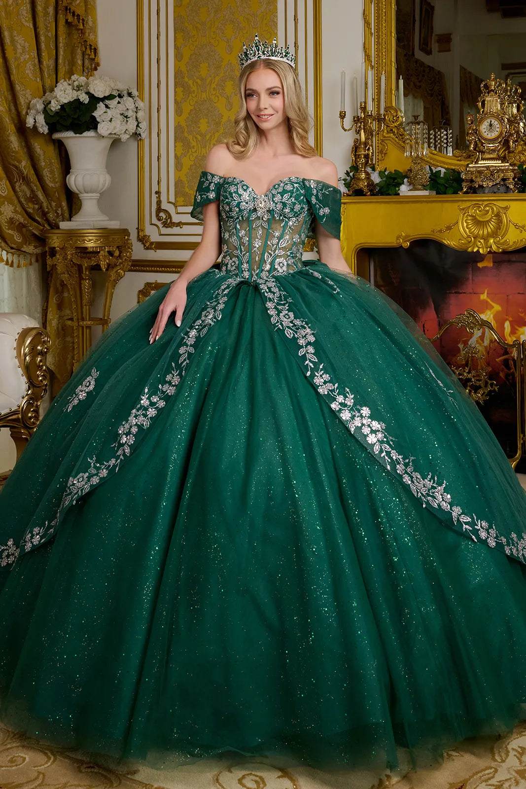 Elizabeth K Off Shoulder Ball Gown GL3636 Formal Dress Shops Green / XL Elizabeth K Off Shoulder Ball Gown GL3636 Formal Dress Shops Green / XL