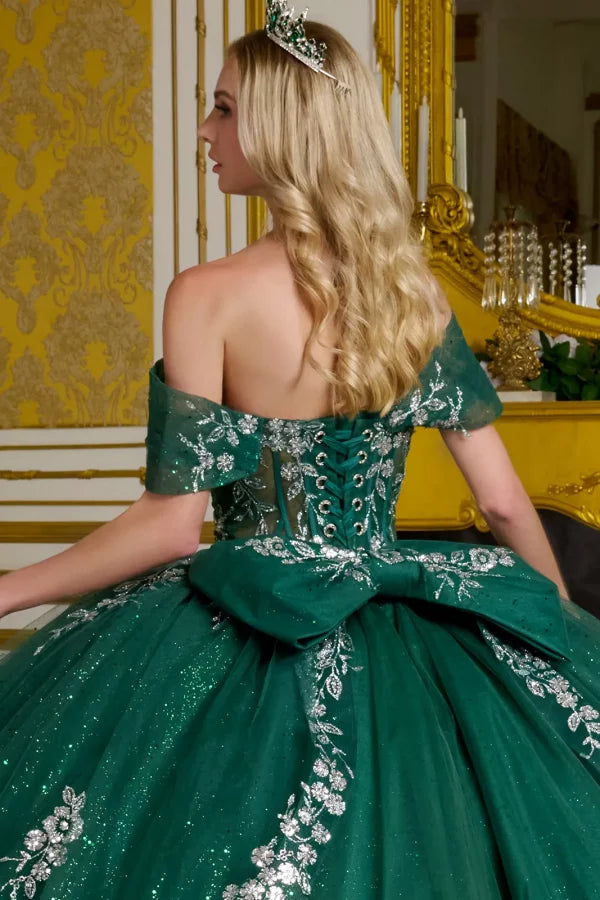 Glitter V-Neckline Tulle Quinceanera Dress by Elizabeth K - GL3636