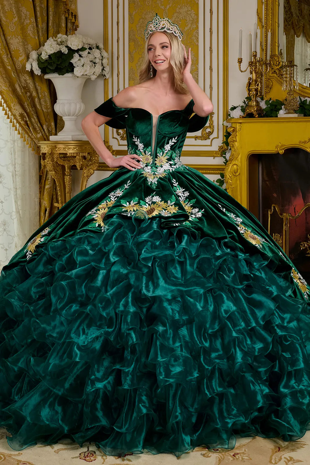 Organza Off Shoulder Velvet Quinceanera Dress by Elizabeth K - GL3637 Emerald / 3XL Organza Off Shoulder Velvet Quinceanera Dress by Elizabeth K - GL3637 Emerald / 3XL