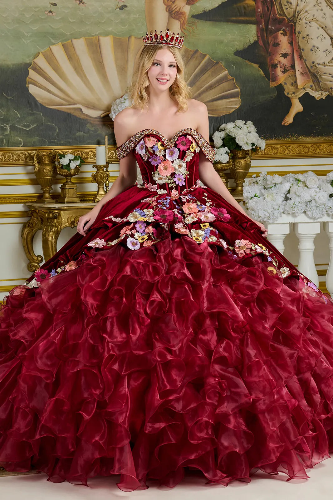 Embroidery Off Shoulder Velvet Quinceanera Dress by Elizabeth K - GL3638