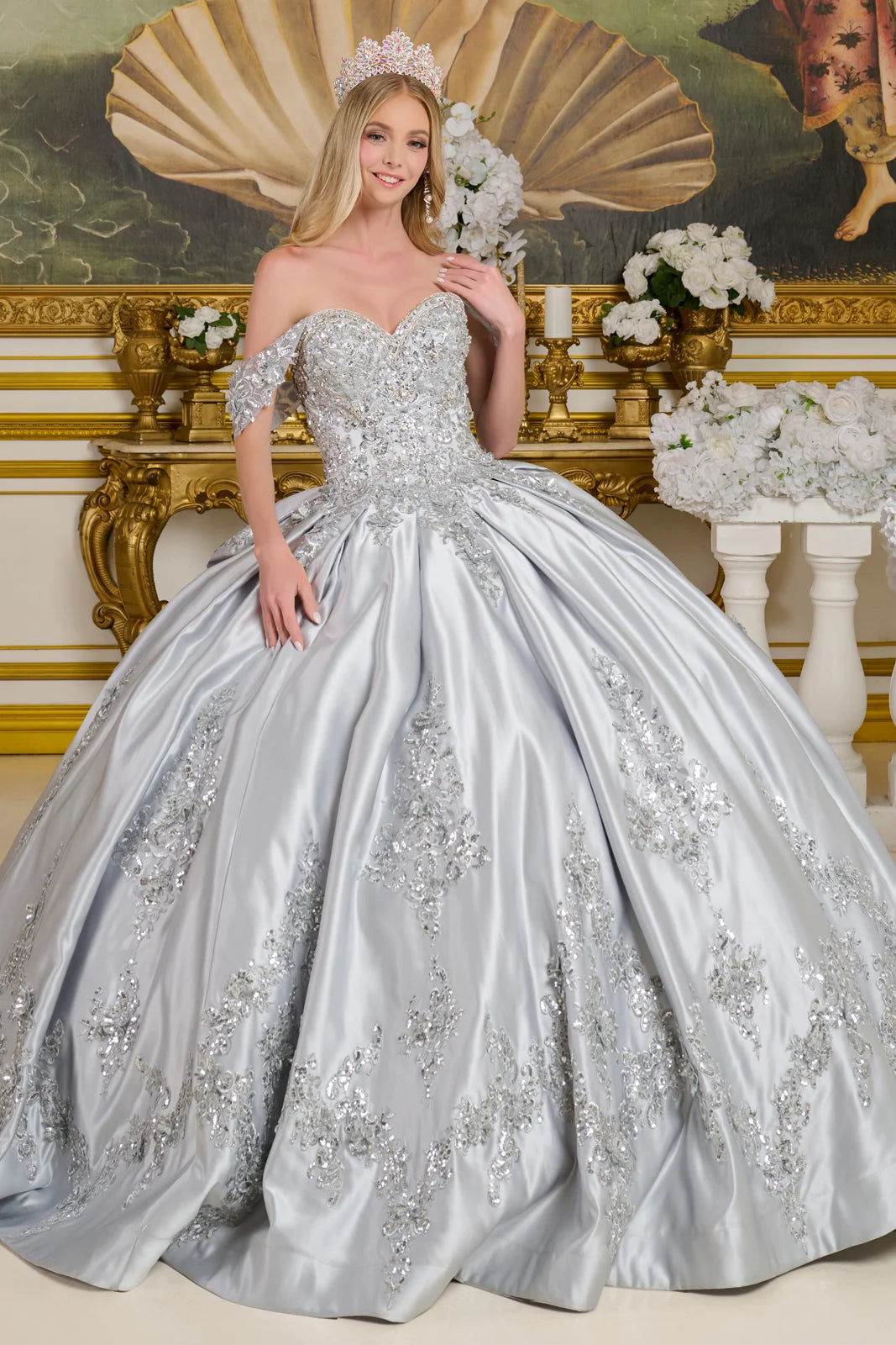 satin quince dress Rachel Allan RQ2212 Long Beaded Ball Gown Glitter Quinceanera Dress
