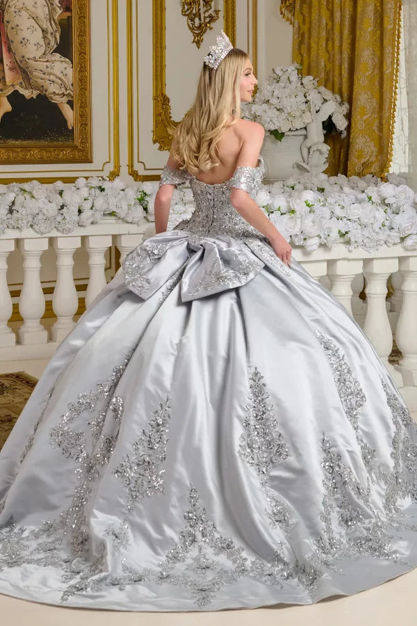 Satin 3D Floral Appliques V-Neckline Quinceanera Dress by Elizabeth K - GL3643