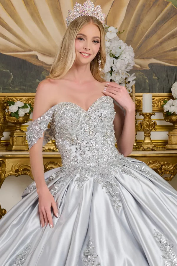 Satin 3D Floral Appliques V-Neckline Quinceanera Dress by Elizabeth K - GL3643