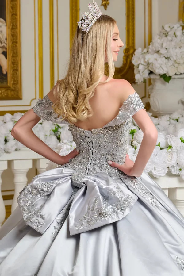 Satin 3D Floral Appliques V-Neckline Quinceanera Dress by Elizabeth K - GL3643