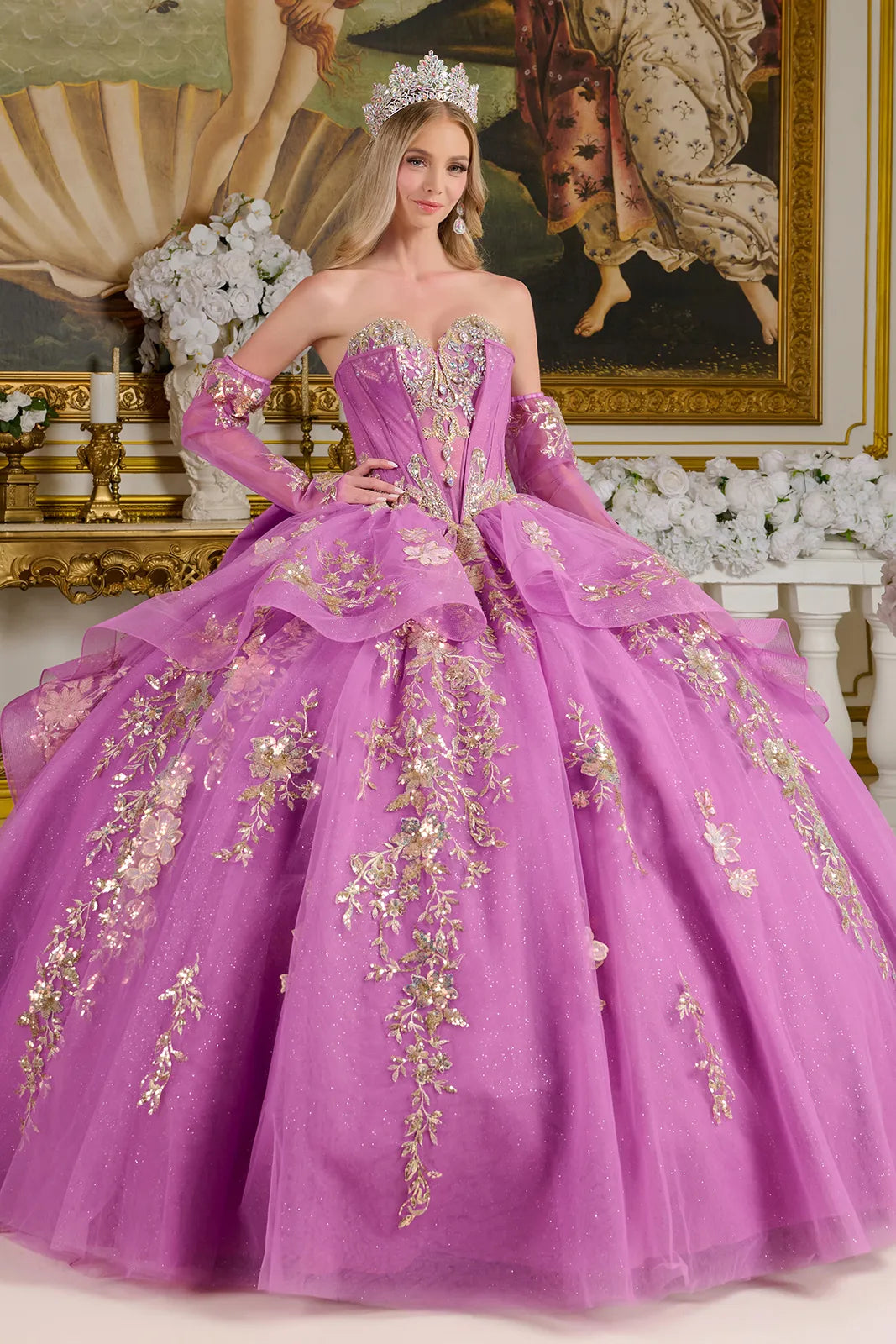 Glitter V-Neckline Tulle Quinceanera Dress by Elizabeth K - GL3647