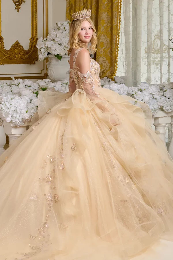 3D Butterfly Cut-Away Shoulder Quinceanera Dress by Elizabeth K - GL3648