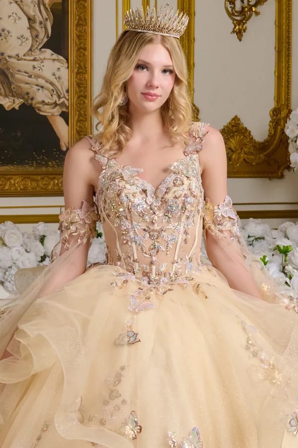 3D Butterfly Cut-Away Shoulder Quinceanera Dress by Elizabeth K - GL3648