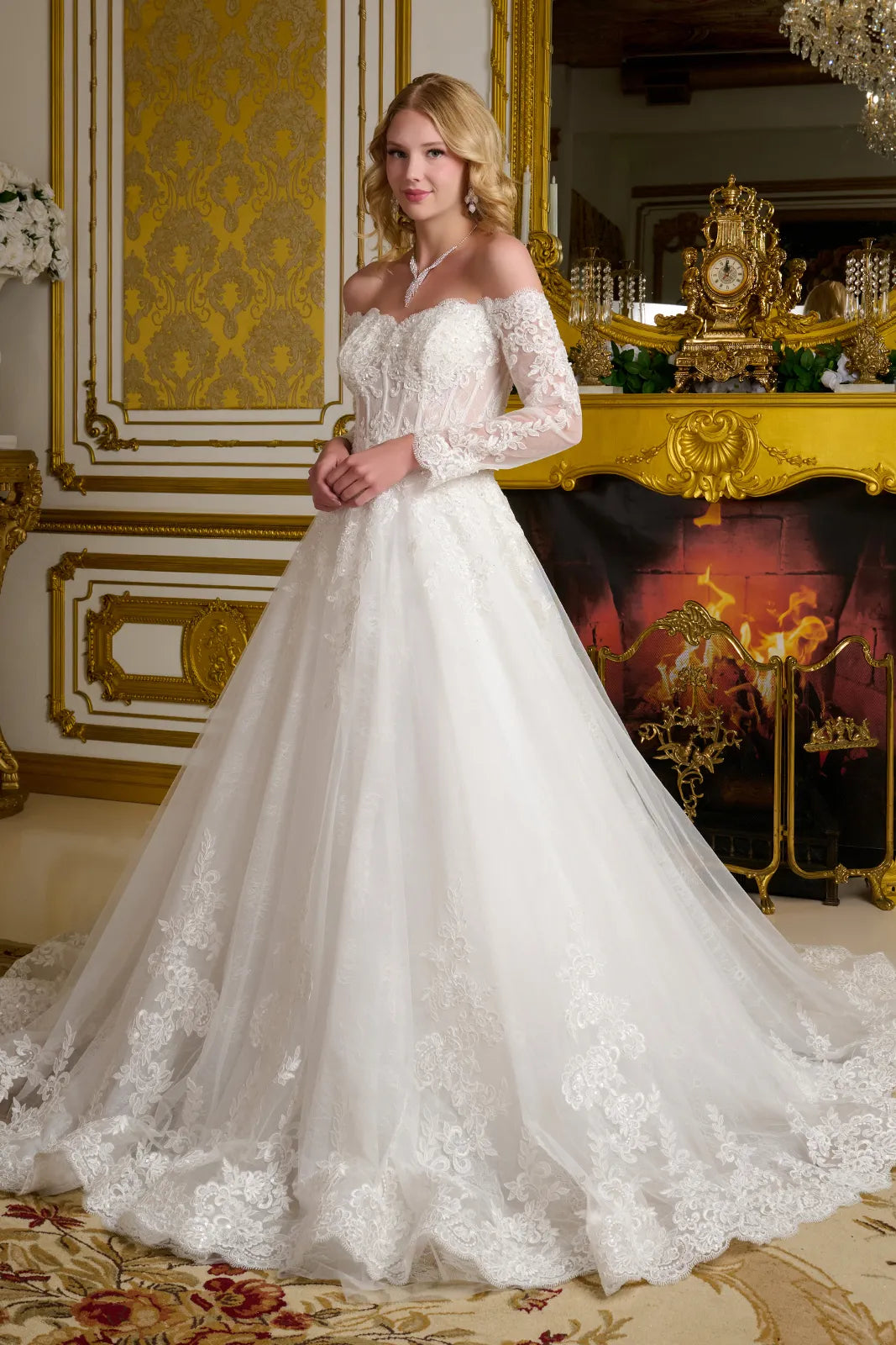 Embroidery Long Sleeve A-Line Wedding Gown GLS by Gloria - GL3653 Off White / XS Embroidery Long Sleeve A-Line Wedding Gown GLS by Gloria - GL3653 Off White / XS