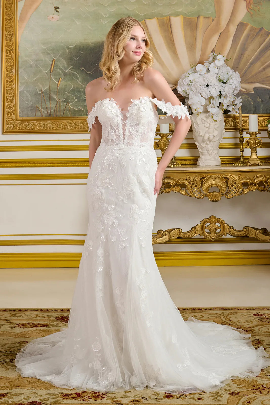 3D Flower Applique Off Shoulder Wedding Gown GLS by Gloria - GL3656