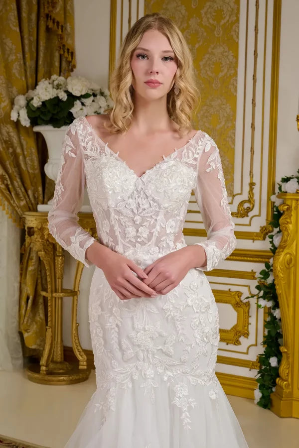 Embroidery V-Neckline Trumpet Wedding Gown GLS by Gloria - GL3659